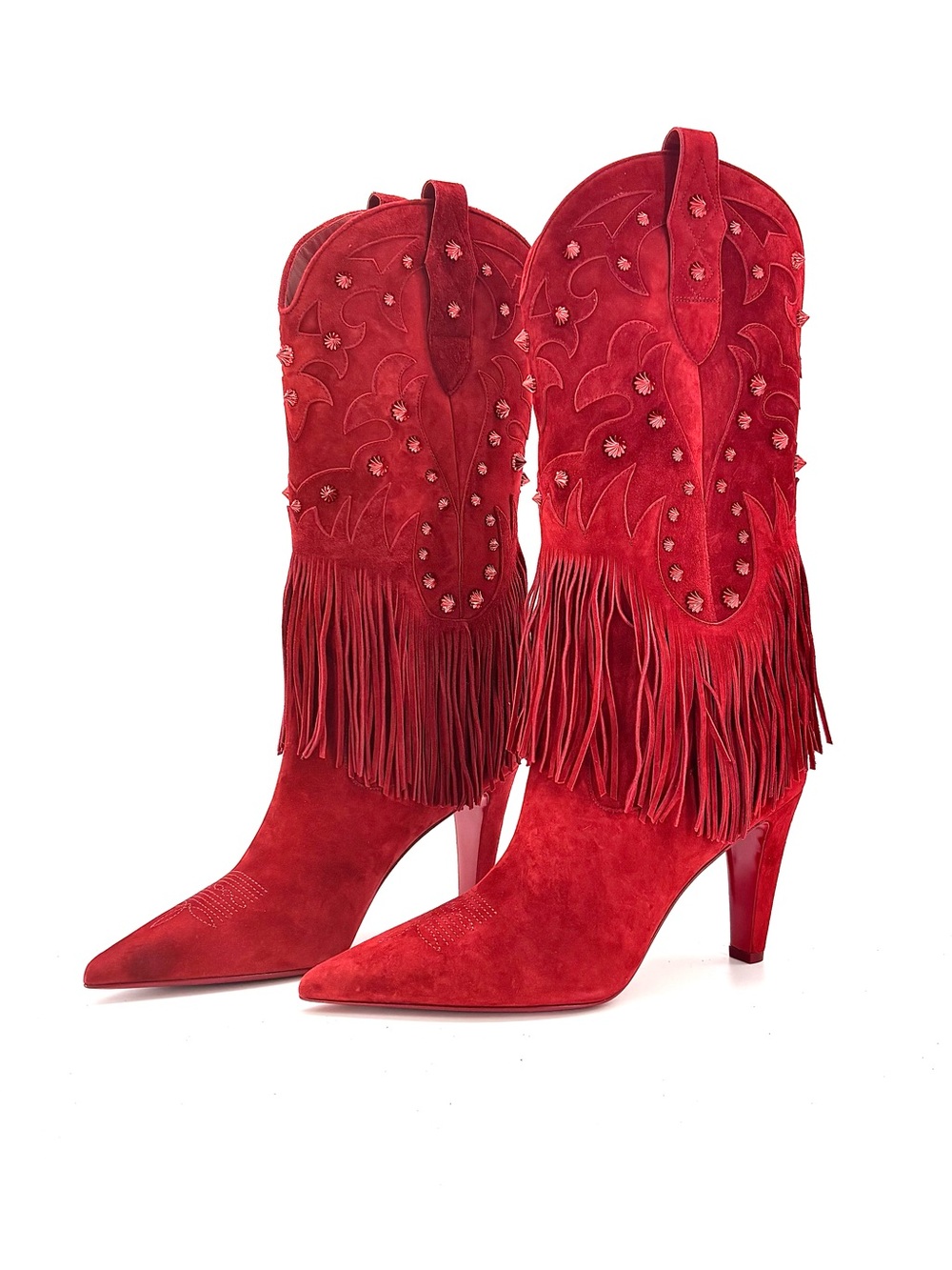 Christian Louboutin Santia Fringe 85 Fever Red Pull On Heeled Western Boots 41